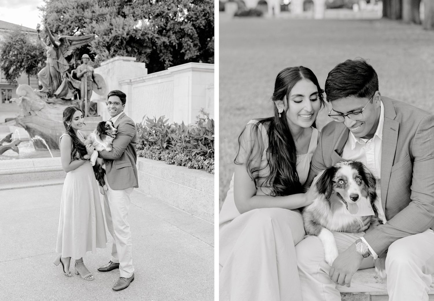 A black and white photo series captures tender moments between a romantic couple in an outdoor garden setting.