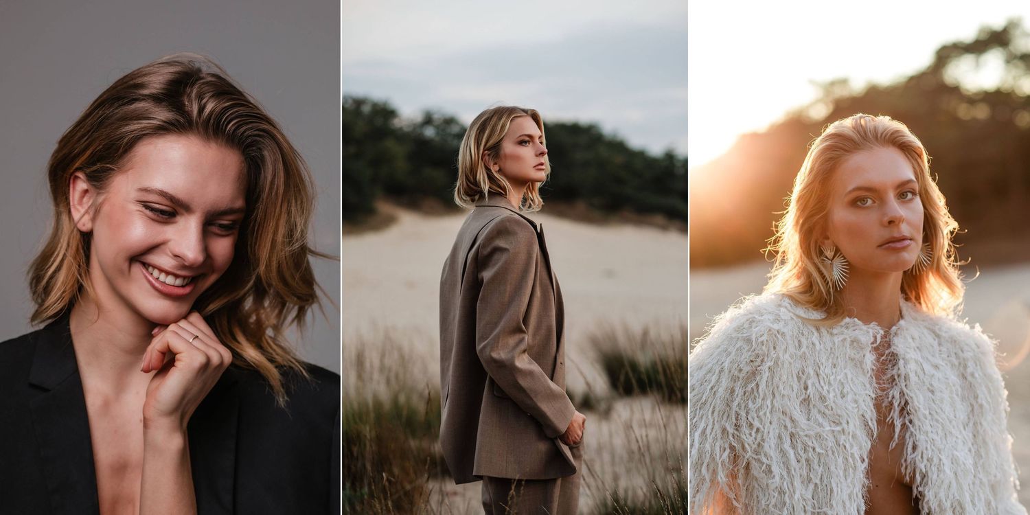 Empowerment foto's die een vrouw laten stralen in de studio en natuur met ondergaande zon.
