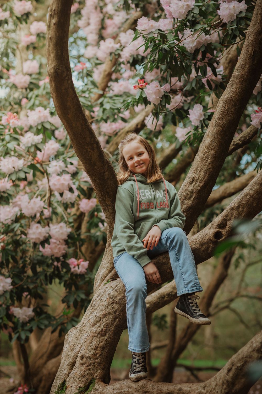 Someone sits among beautiful pink cherry blossoms in a flowering tree during spring season.