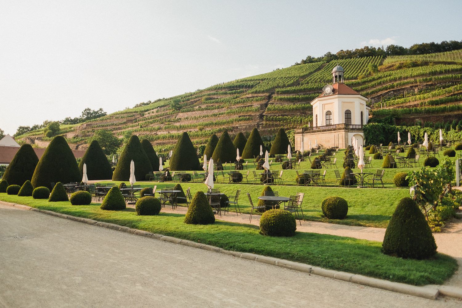 Ornamental garden with perfectly trimmed conical topiaries and a small domed chapel against terraced vineyard hillsides.