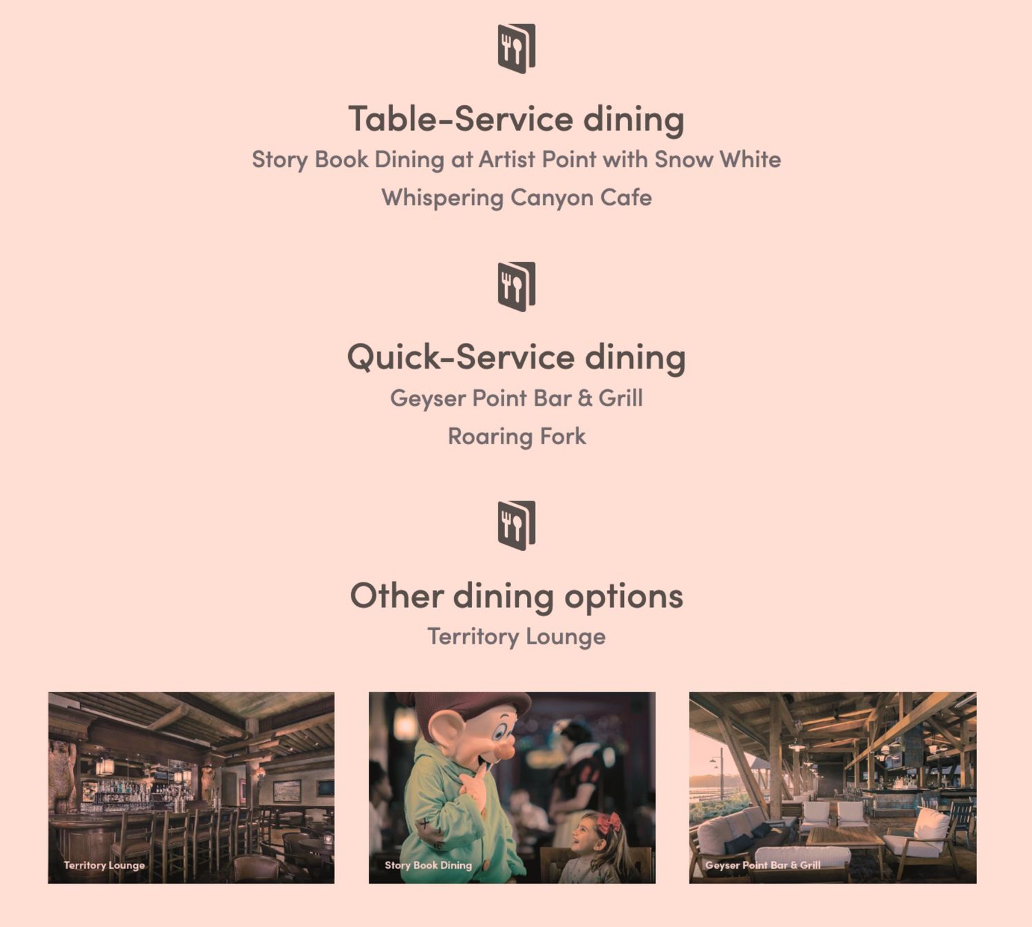 Dining options menu displaying table service and quick service restaurants with interior photos.