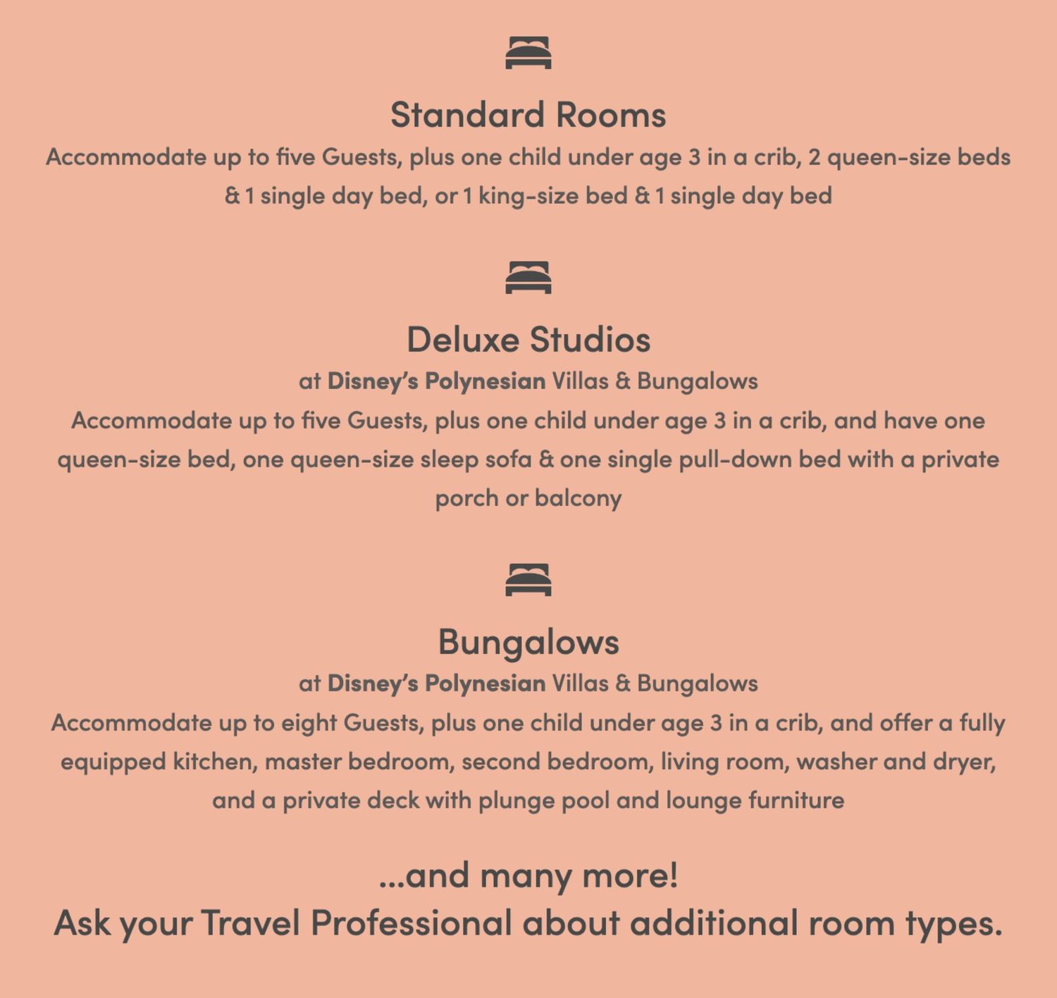Typography showing accommodation options and room types at Disney's Polynesian Village resort.