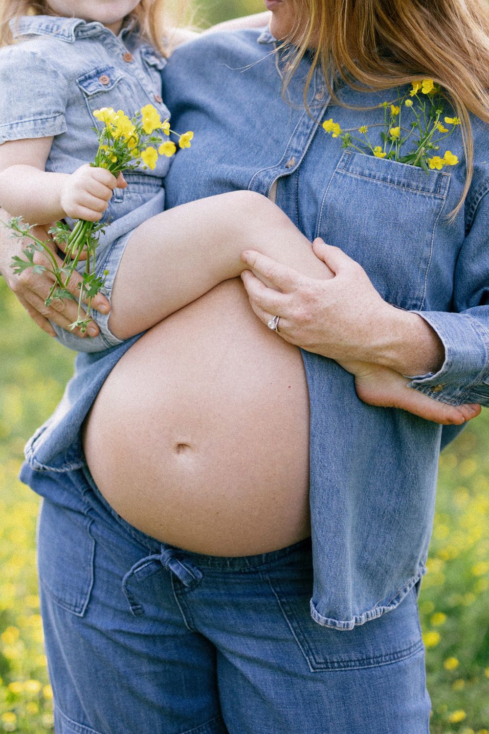Maternity photo sequence showing growing baby bump against denim overalls with yellow wildflowers in outdoor setting.