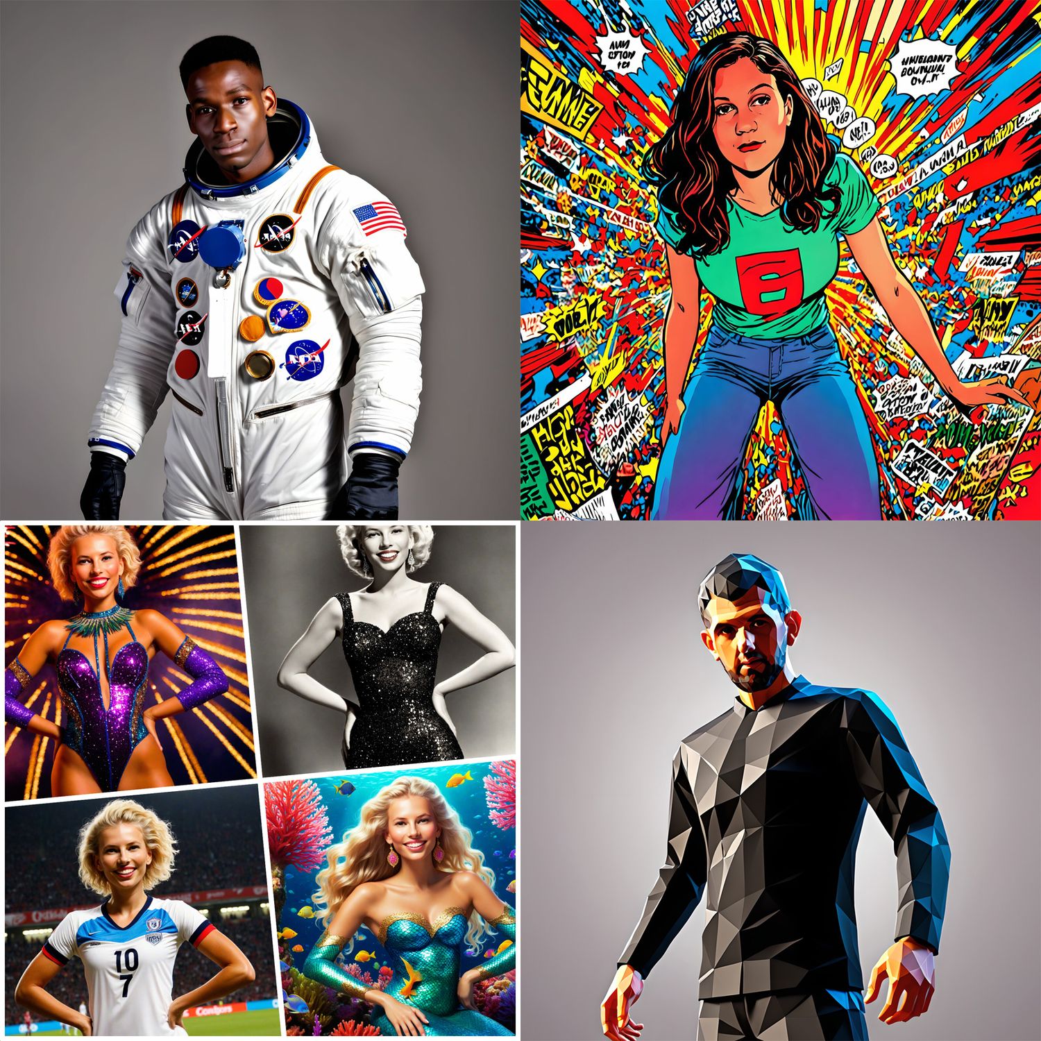Collection of stylized portraits featuring pop art and astronaut themes in vibrant colors.