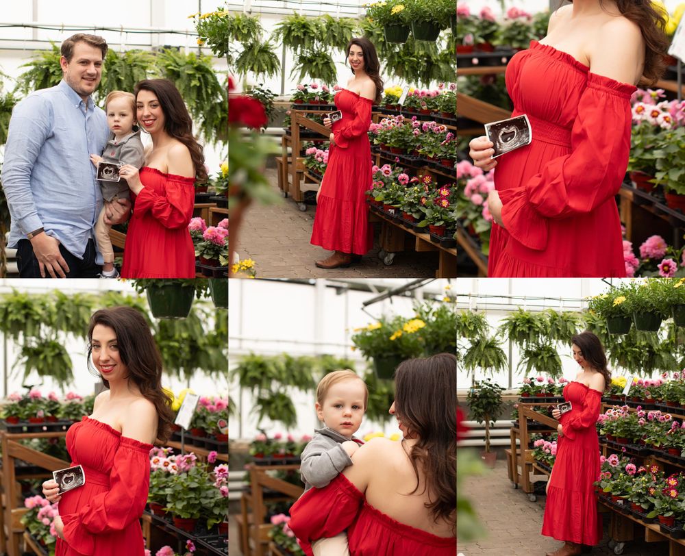 Family greenhouse photo session with mother in red dress among flowering plants.
