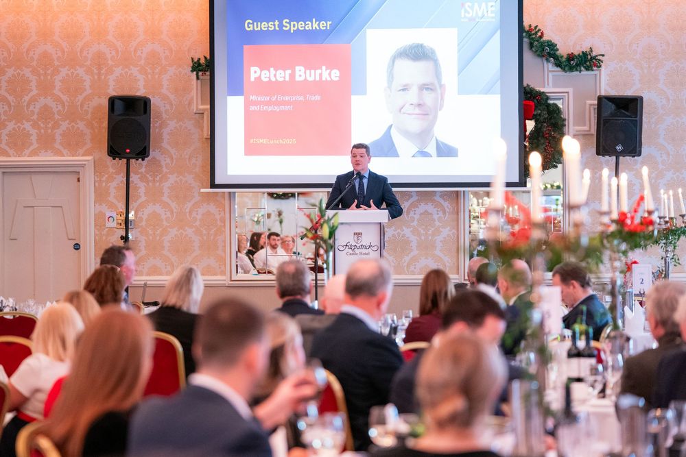 Peter Burke Minister for Enterprise, Tourism and Employment at the ISME 2025 Annual Business Lunch at Fitzpatrick Castle Hotel, Dublin.