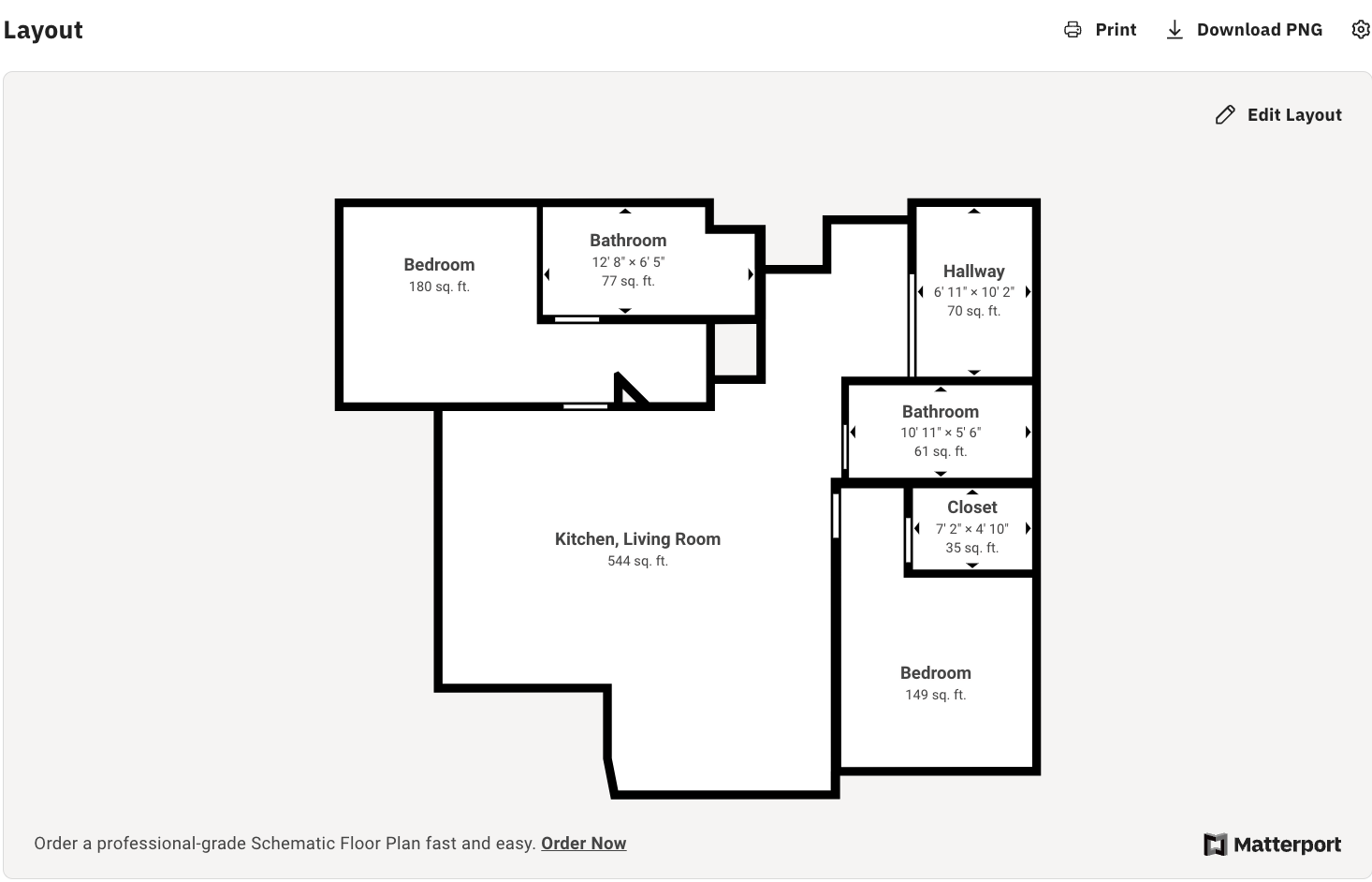 Simple black and white floor plan layout showing a living room space with multiple bedrooms and bathrooms.