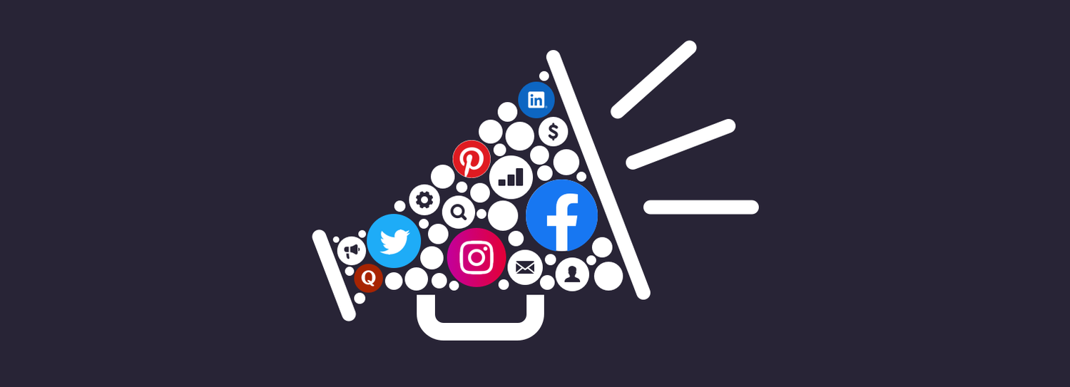 Megaphone icon filled with social media symbols and Facebook logos on dark background.