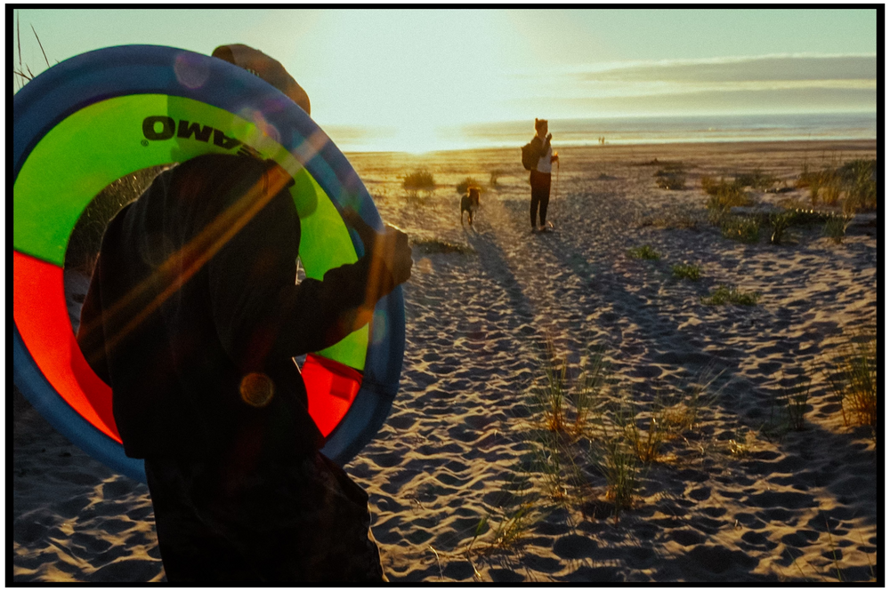 A silhouette of a disc golf player at sunset holds up a disc on a sandy beach while another figure stands in distance.