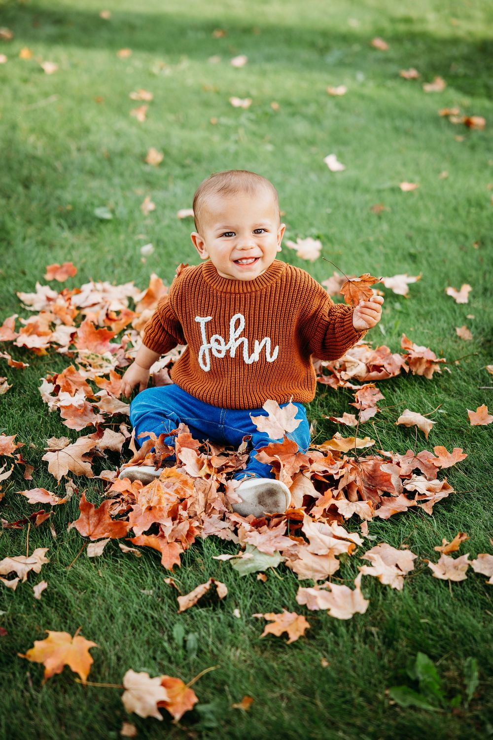 A small child wearing a brown sweater sits among scattered autumn leaves on green grass.