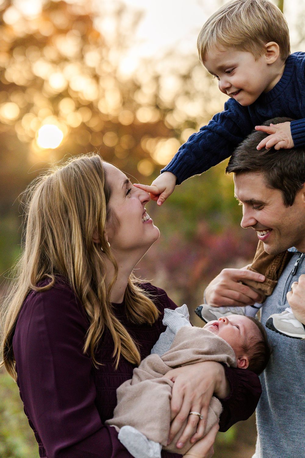 A joyful family moment captured in a series of candid photos during golden hour sunset outdoors.