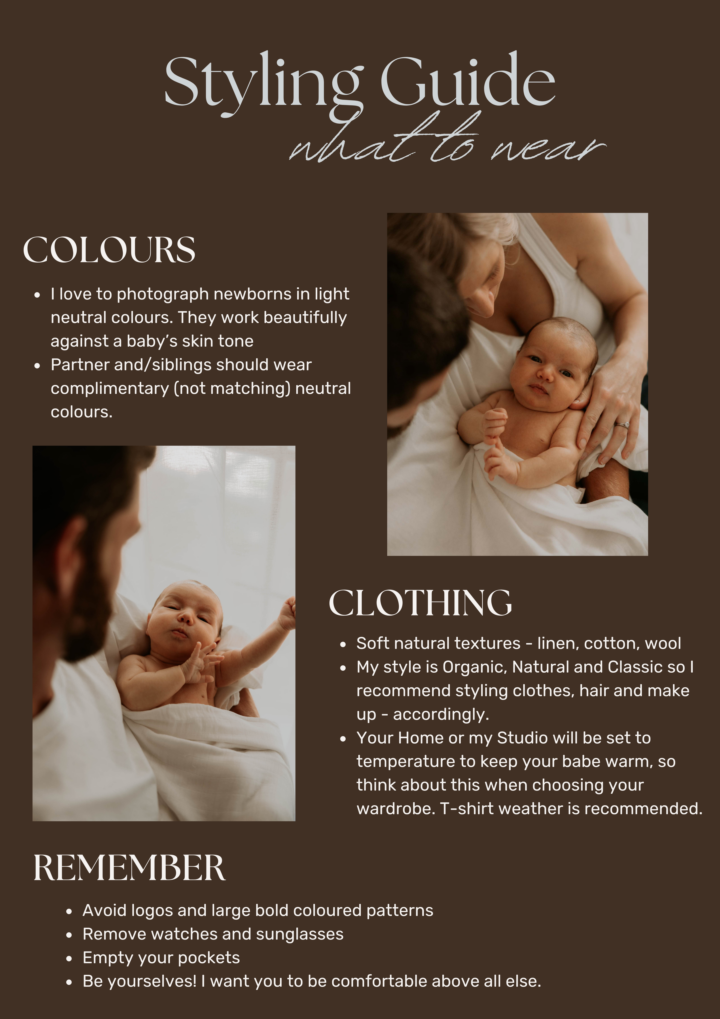 Styling guide for newborn photography showing clothing and color recommendations.