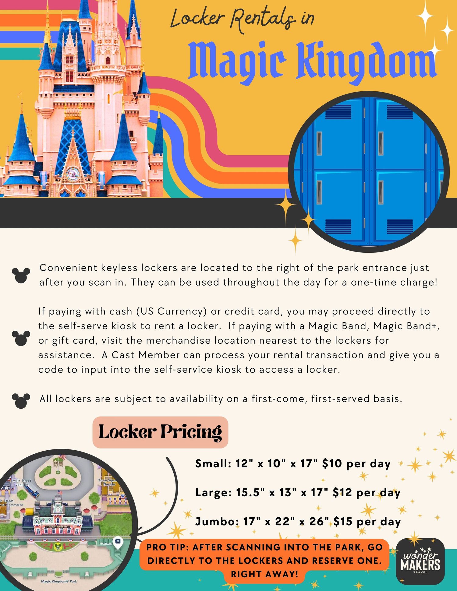 Magic Kingdom locker rental information sign displaying pricing and sizing options for different locker types at Disney World.
