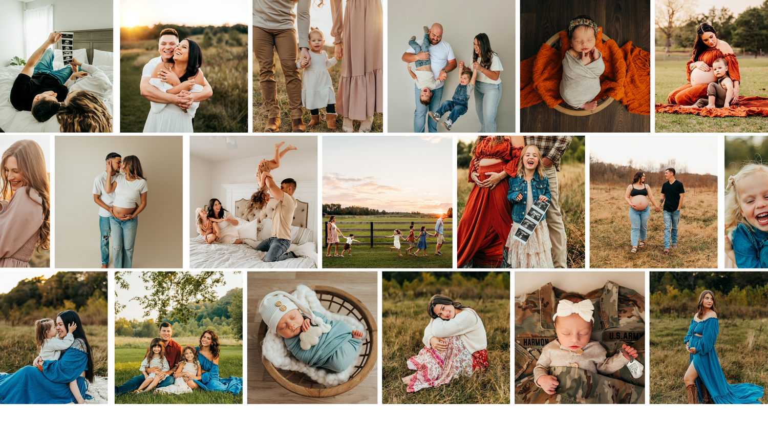 A collage of warm family lifestyle photos showing candid moments outdoors and at home in natural settings. Clarksville Tn photographer