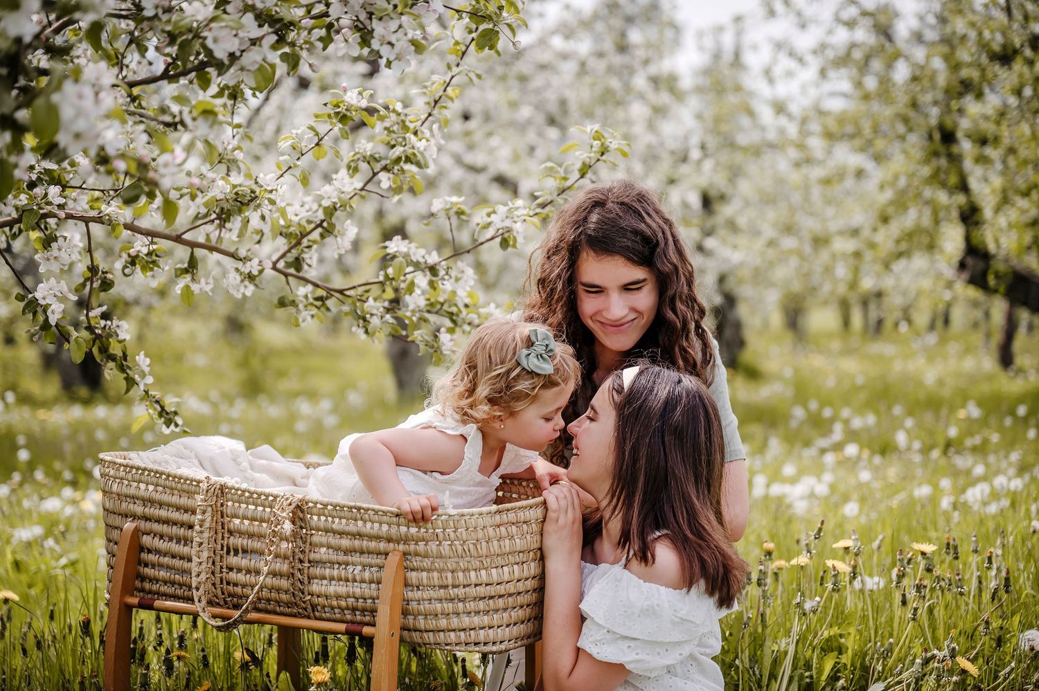 Un grand frère avec ses petites sœurs qui rient dans un verger en fleur