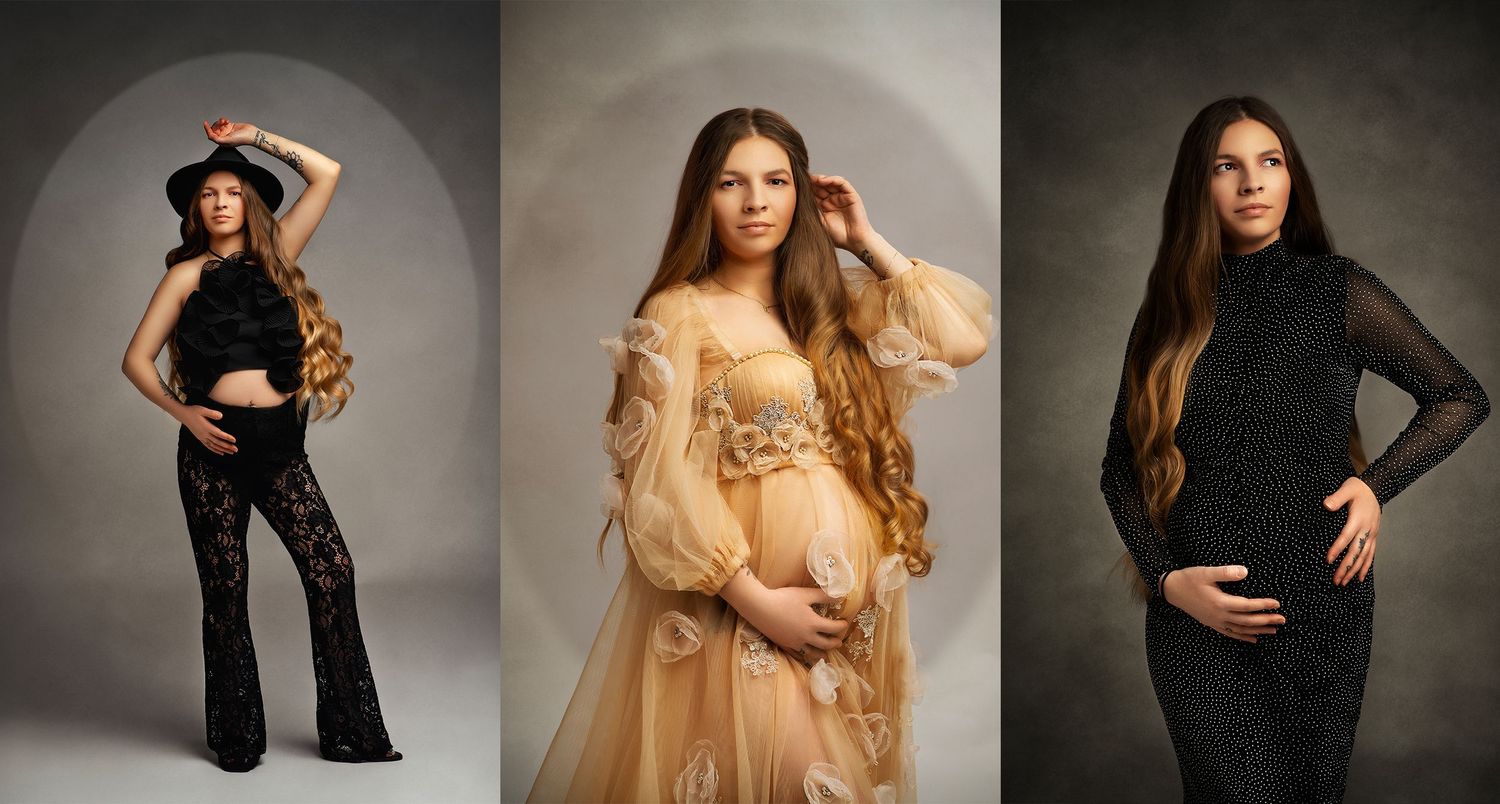 Three expectant mothers pose in elegant gowns showcasing maternity fashion against a neutral studio backdrop.