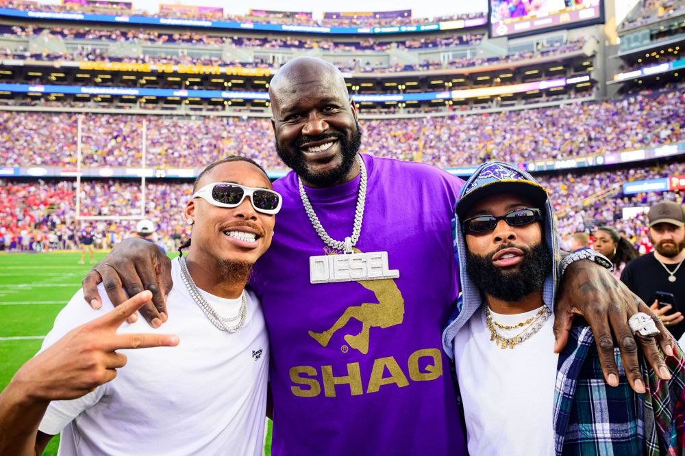 Three people pose together at football stadium wearing LSU and Vikings colors.