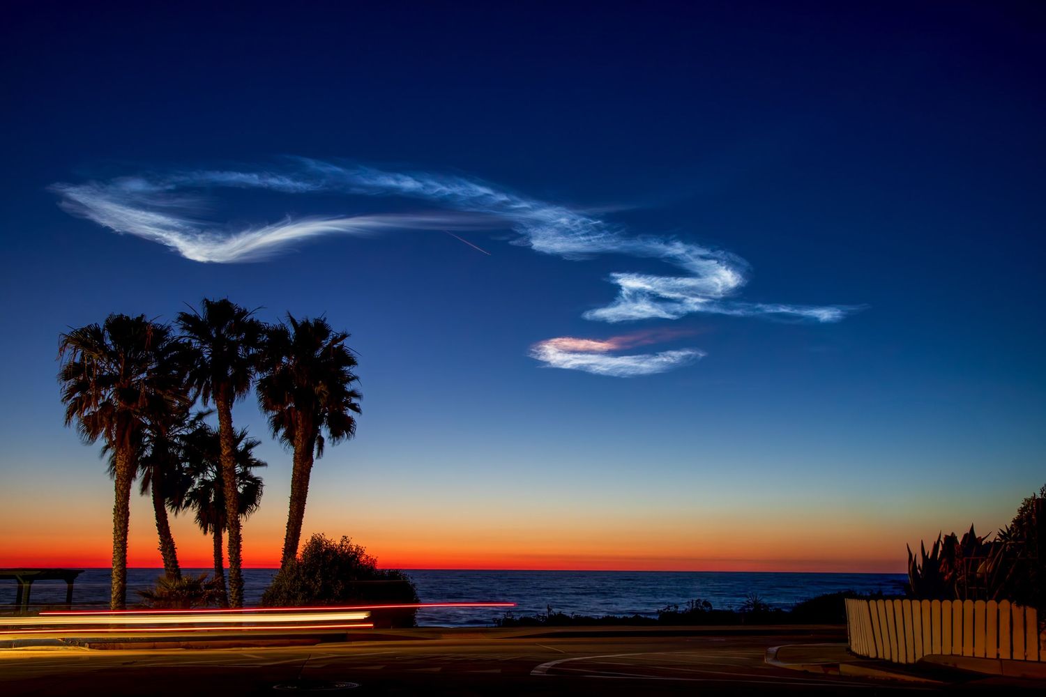 Palm trees silhouetted against an orange sunset sky with Space-X contrail formations in La Jolla, California.