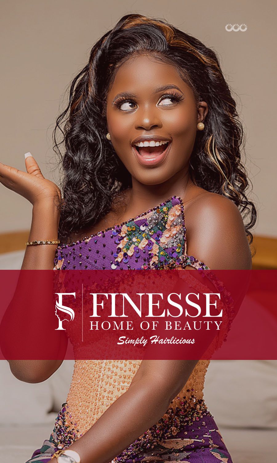 Beauty salon advertisement featuring model in purple sequined dress with glamorous makeup.