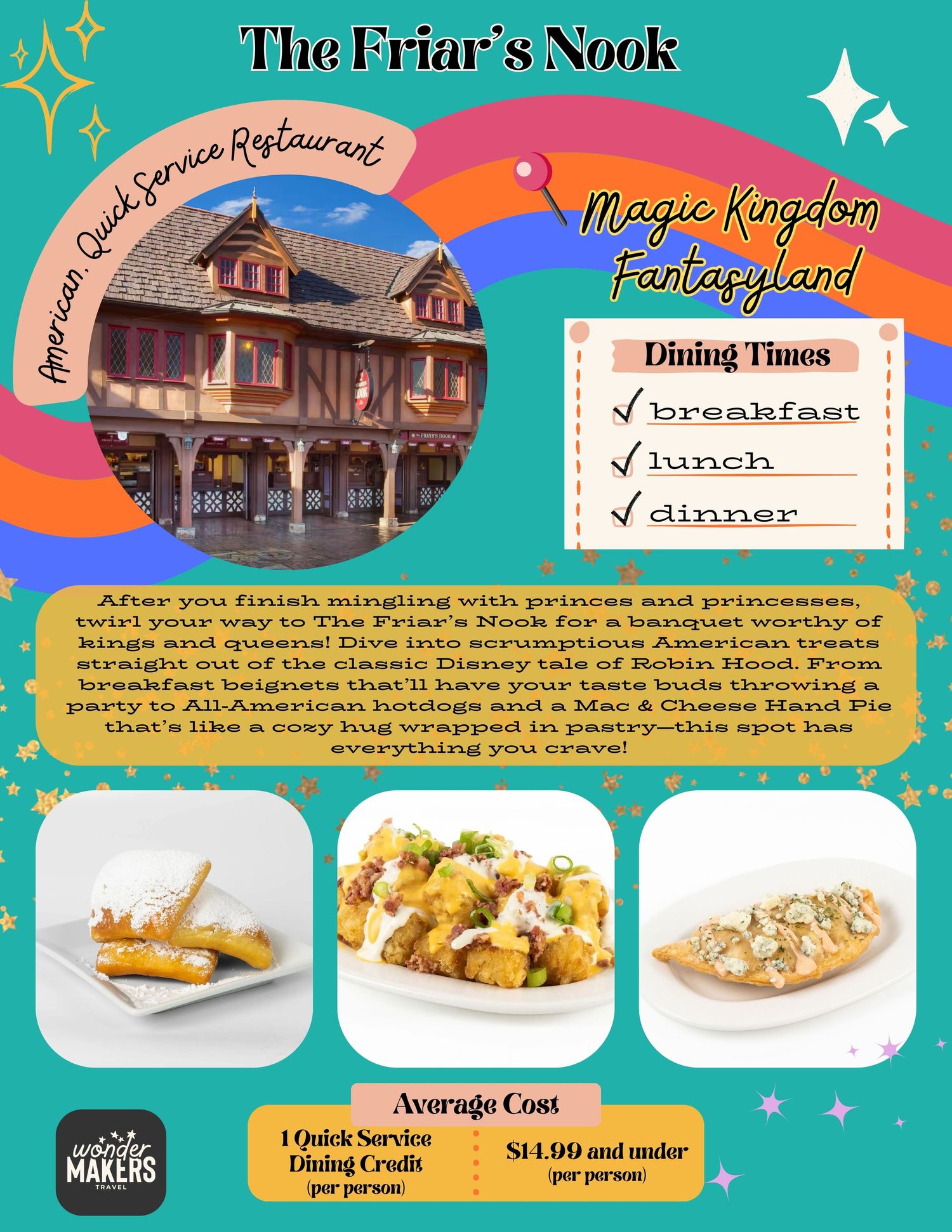 A colorful theme park dining guide showing restaurant options with food photos and details for Magic Kingdom and other locations.