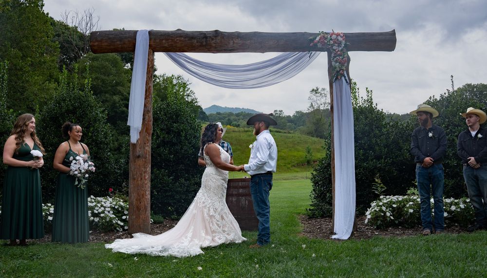 A series of outdoor wedding ceremony moments under white drapes and natural scenery.