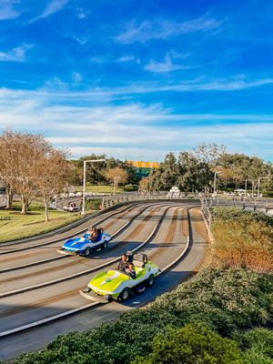 Aerial view of two go-karts racing down a curvy track surrounded by trees and bushes on a sunny day.