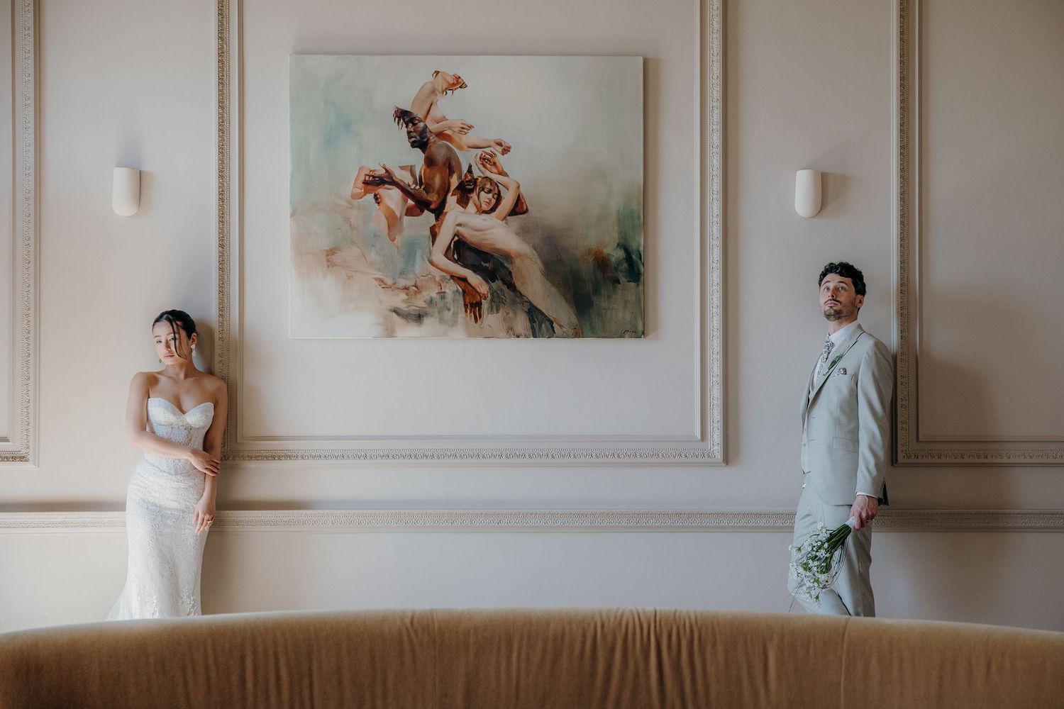 Elegant wedding couples portrait in stylish cream room at Denton Hall on the Denton Reserve in Yorkshire