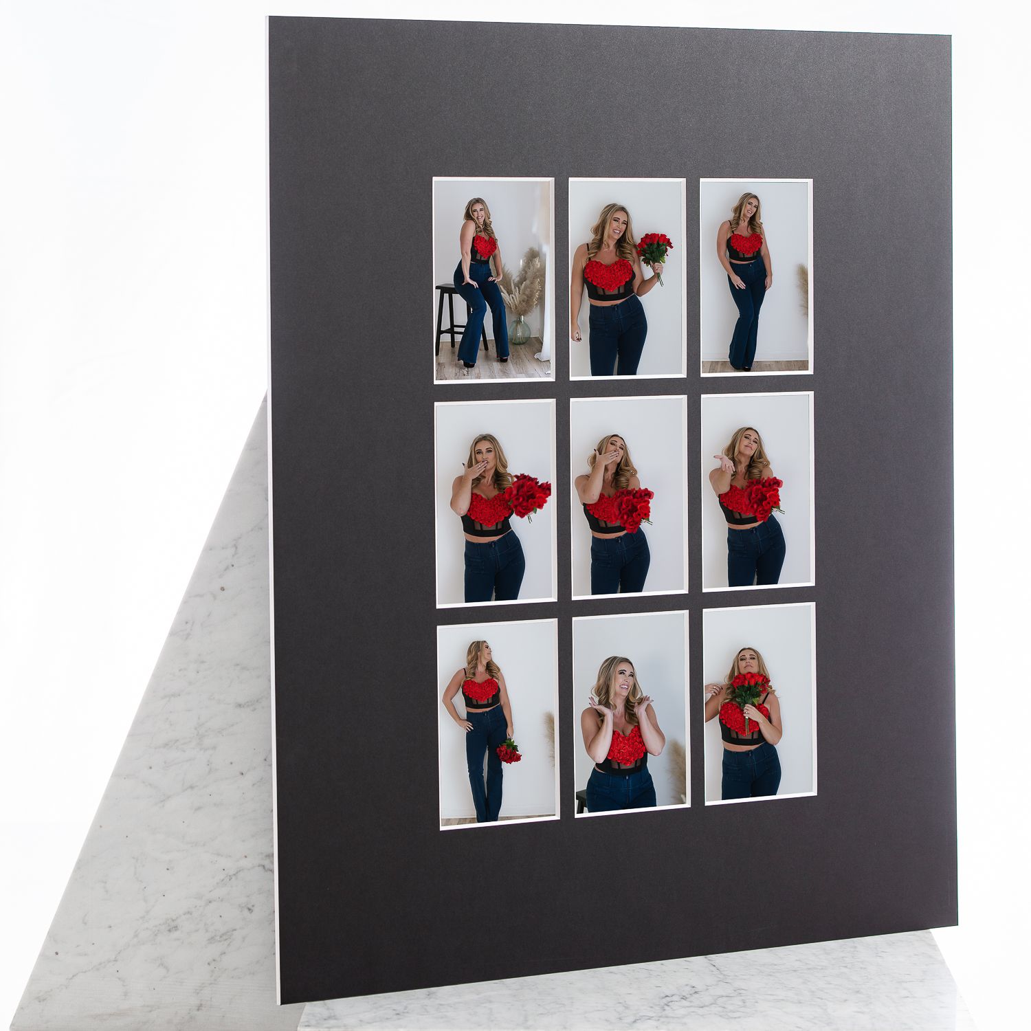 A portrait collage photo series showing nine different poses in black top and jeans, holding a bouquet of roses.