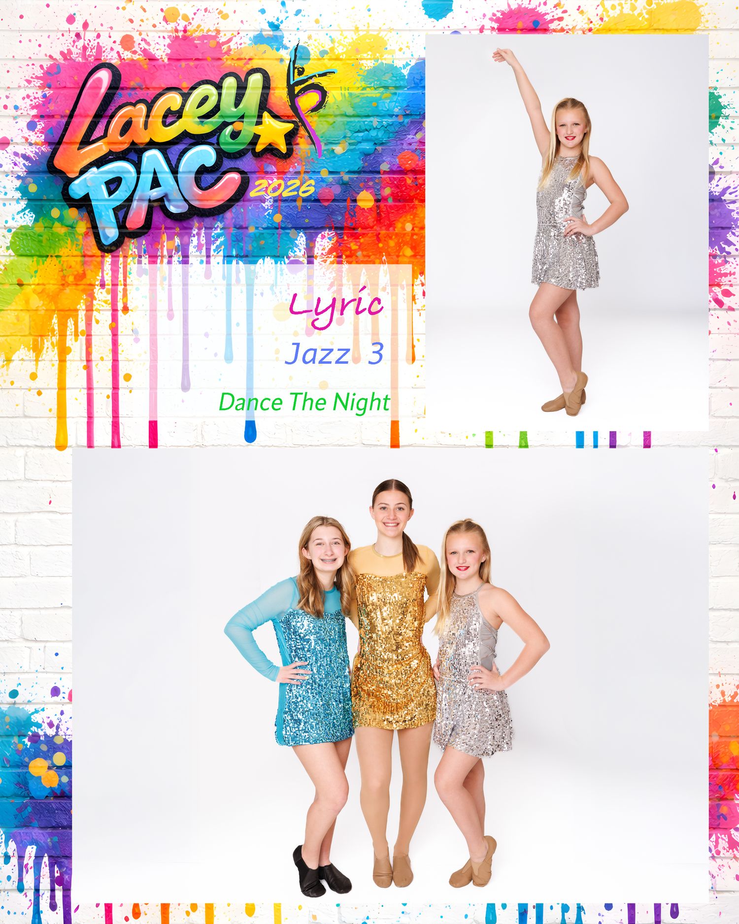 Dance studio interior with colorful paint splatter design and white walls showcasing dance-themed artwork and posters.