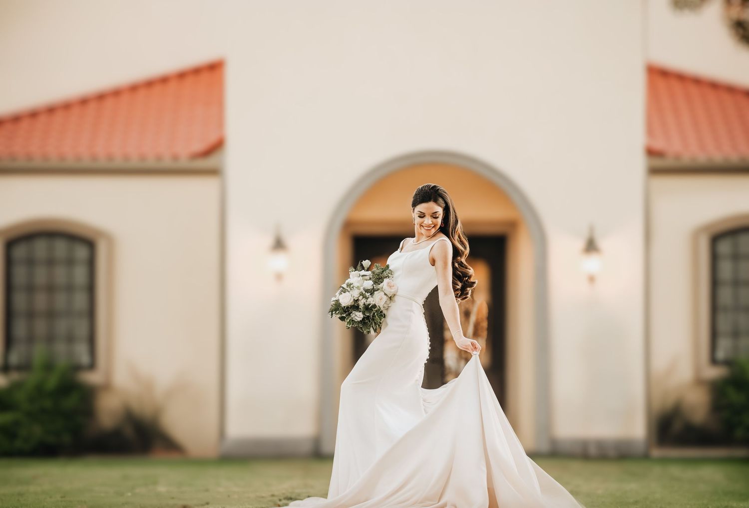 Editorial bridal portrait showcasing gown and architecture at Azle Texas villa