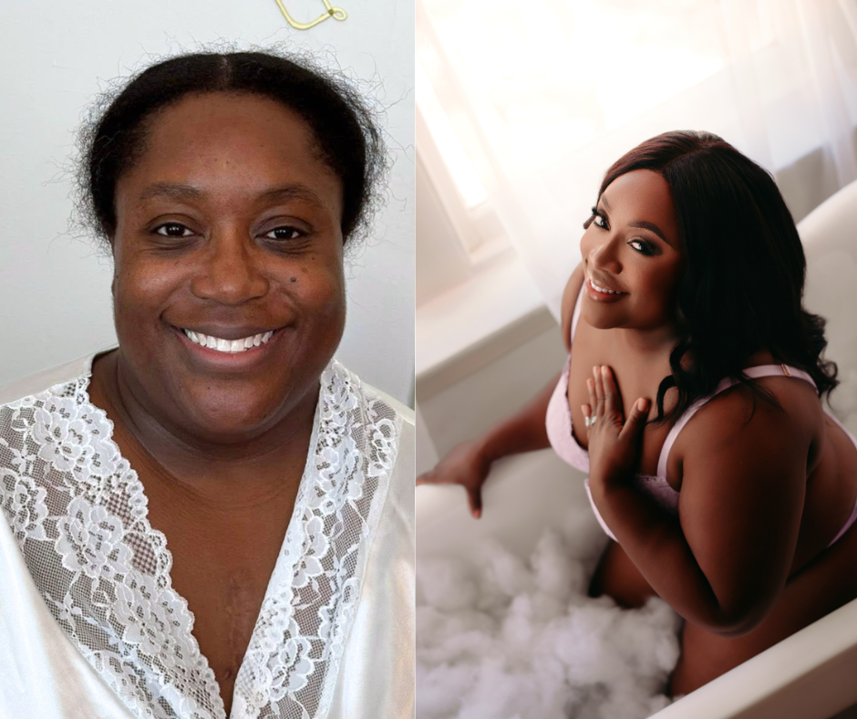 A smiling woman in a white lace robe poses next to a glamour boudoir photo of her in a bubble bath.