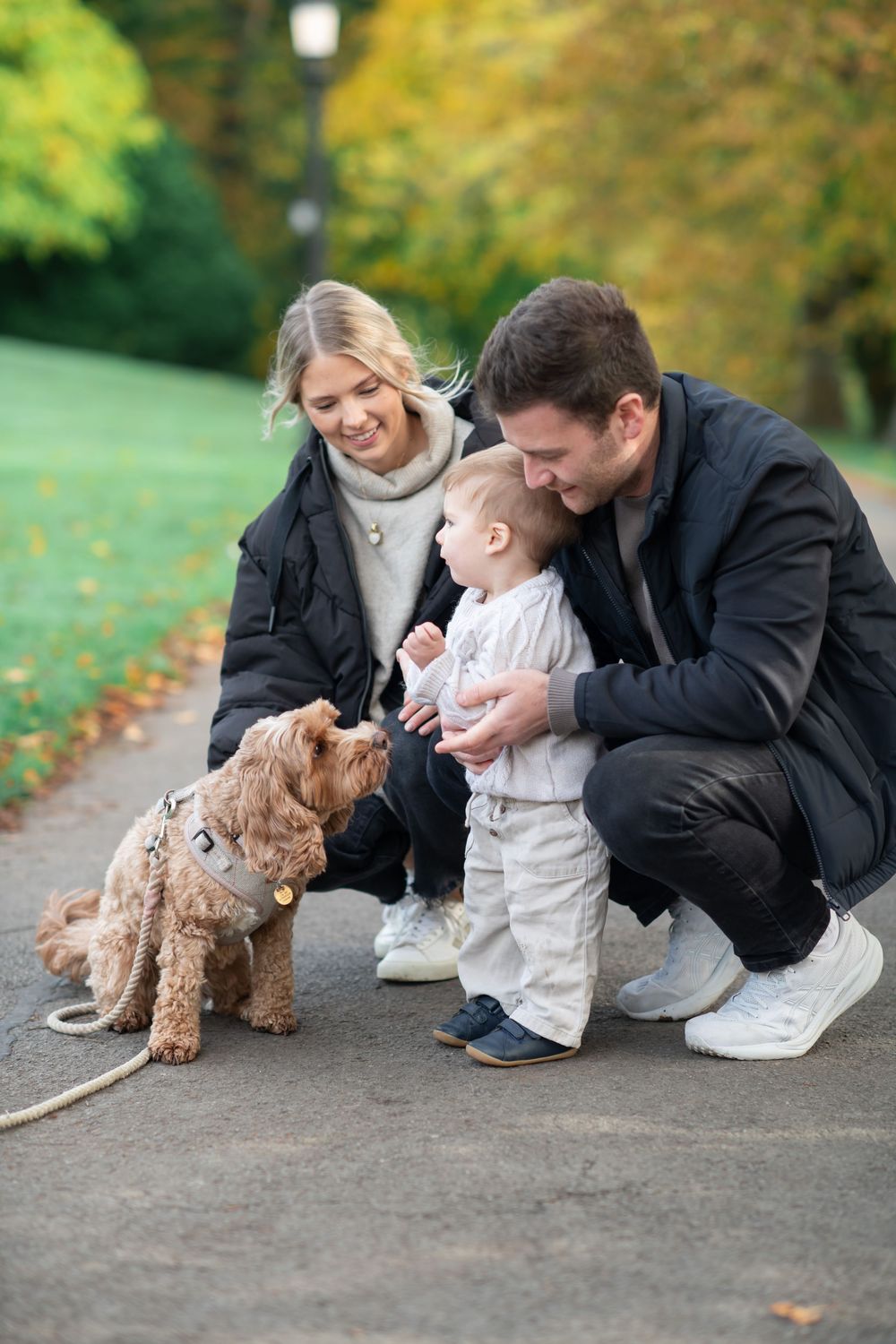 A family spends time together with their brown Cockapoo dog on an autumn path surrounded by trees.