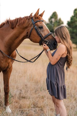 A young woman in a gray dress affectionately nuzzles a chestnut horse wearing a bridle in a golden field.