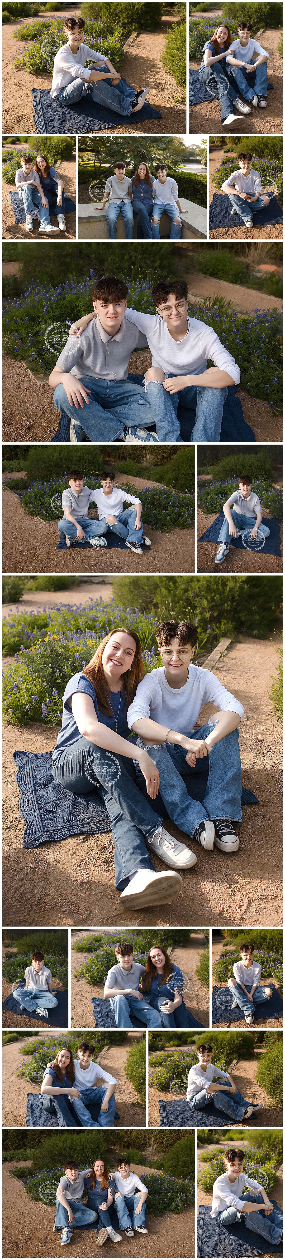 Teen siblings pose together on a blue blanket outdoors among wildflowers in coordinating blue and white outfits for a family photo session.