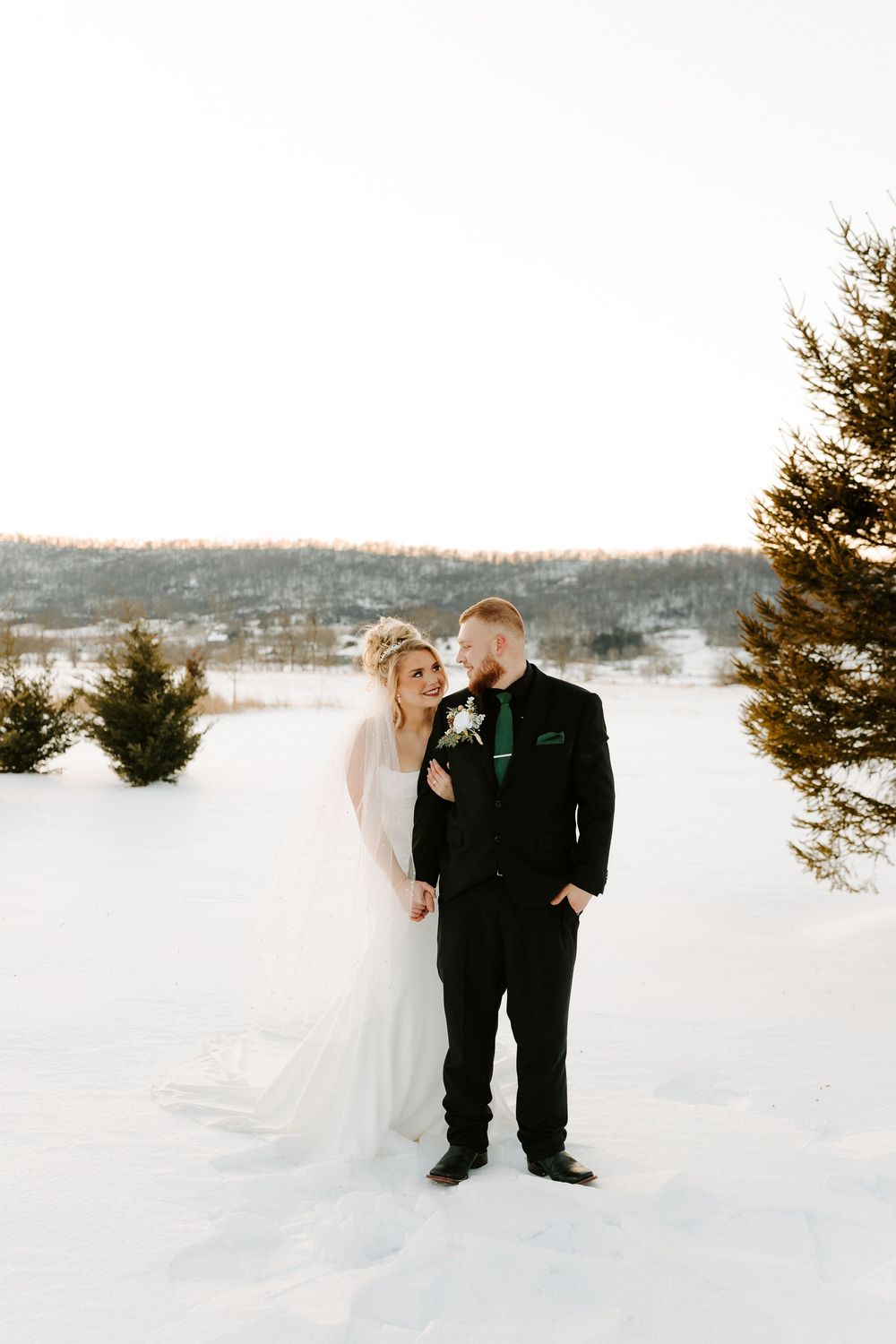 Bride and groom hold hands in a snowy winter landscape with evergreen trees and rolling hills behind them.