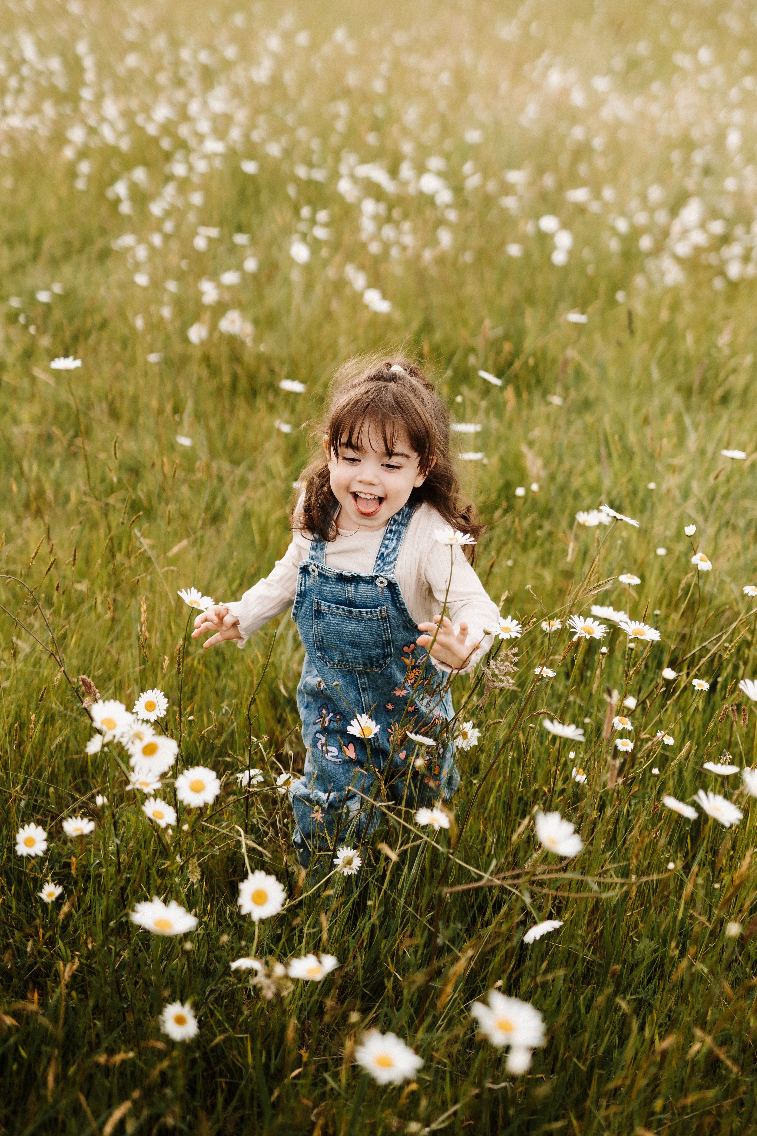 Child in denim overalls playing among blooming white daisies in field.