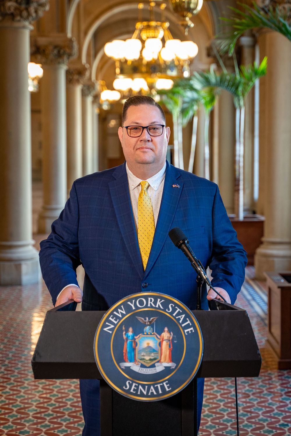 A speaker stands at a podium with the New York State Senate seal in an ornate hallway with columns and chandeliers.