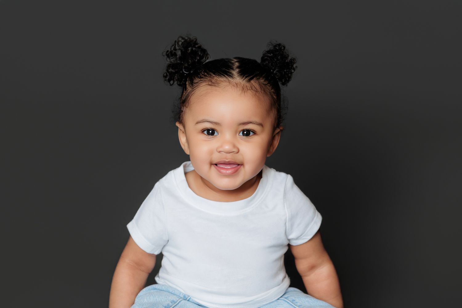 A series of candid studio portraits showing playful poses and expressions against a gray backdrop.