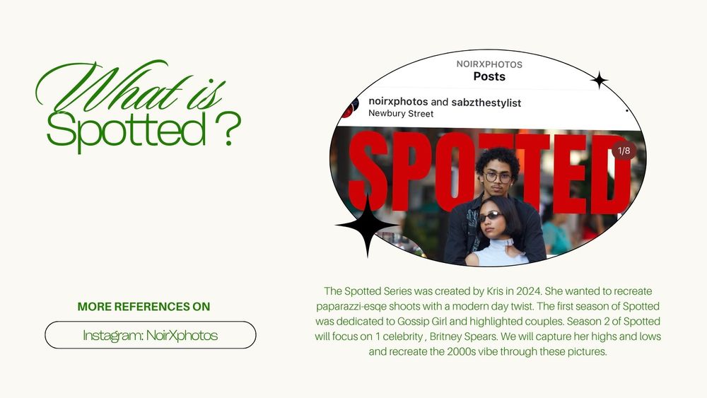 Spotted Season 2 photography project presentation slide explaining the paparazzi-style photo series concept.