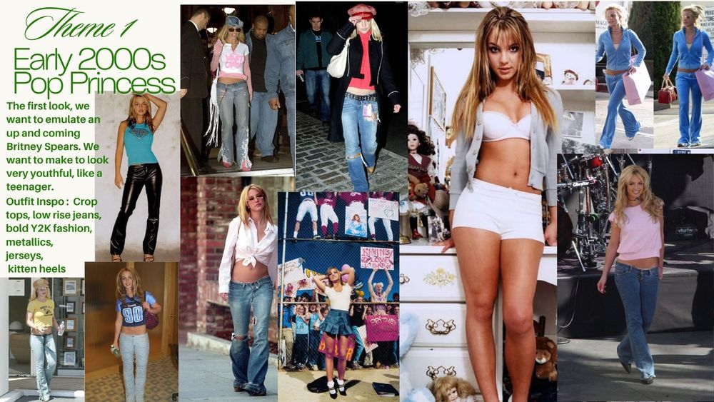 Early 2000s Pop Princess mood board featuring Britney Spears inspired fashion with low-rise jeans and crop tops.