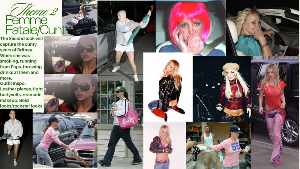 Femme Fatale Cunt theme mood board showcasing bold Britney Spears paparazzi-era fashion references.