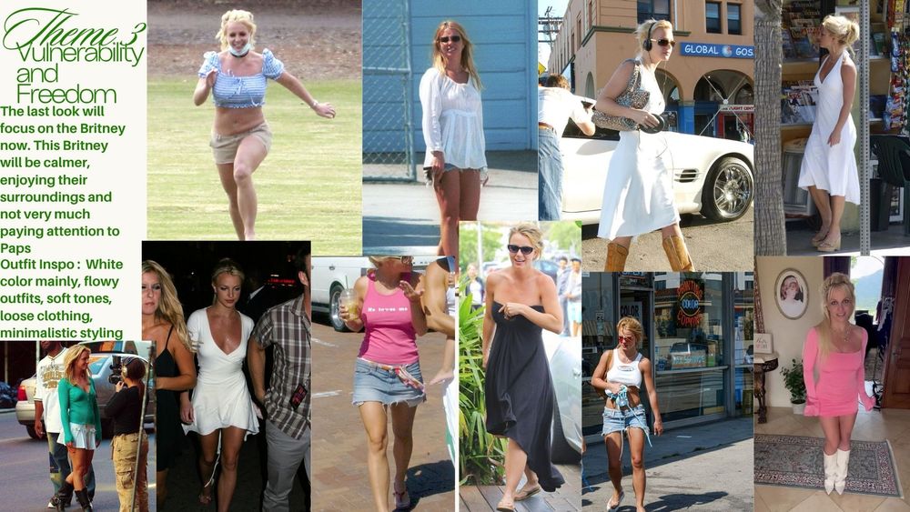Vulnerability and Freedom theme mood board featuring Britney Spears in casual white dresses and relaxed styles.