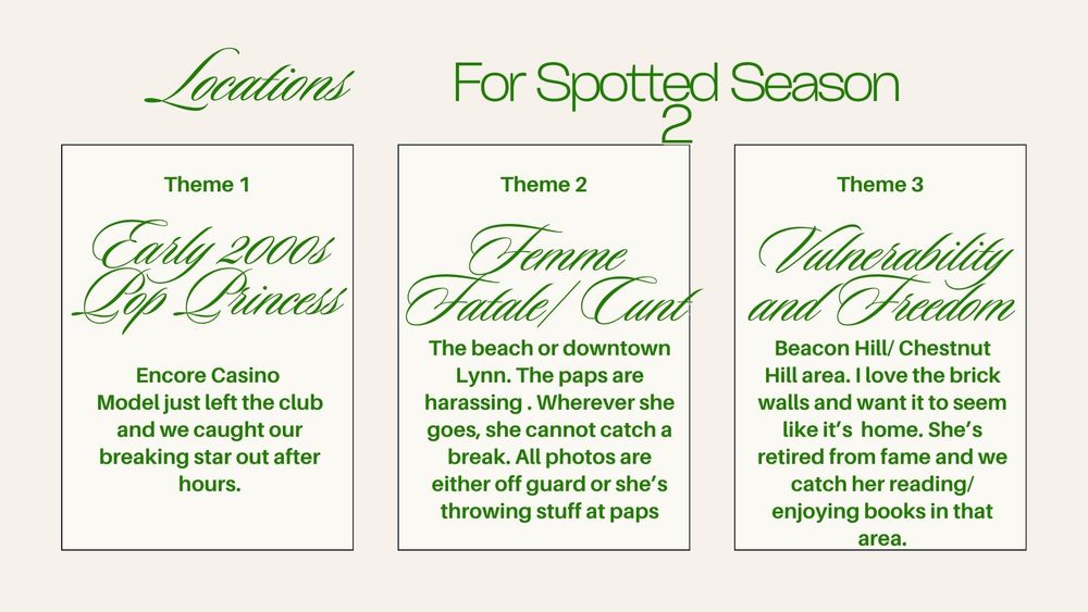 Spotted Season 2 location guide listing Encore Casino, downtown Lynn, and Chestnut Hill for three themed shoots.