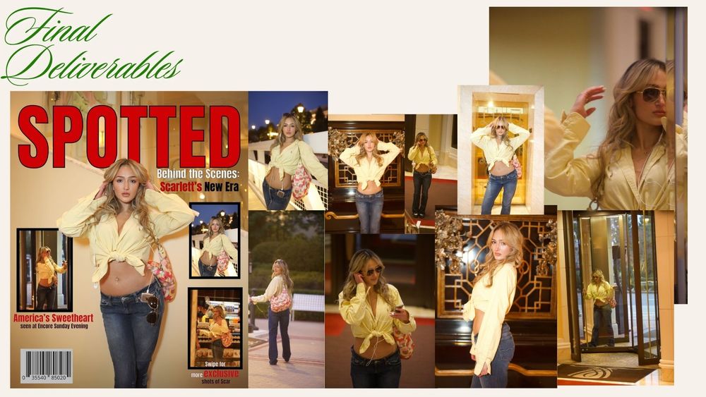 Final deliverables collage for Spotted magazine featuring model in gold jacket across multiple paparazzi-style shots.