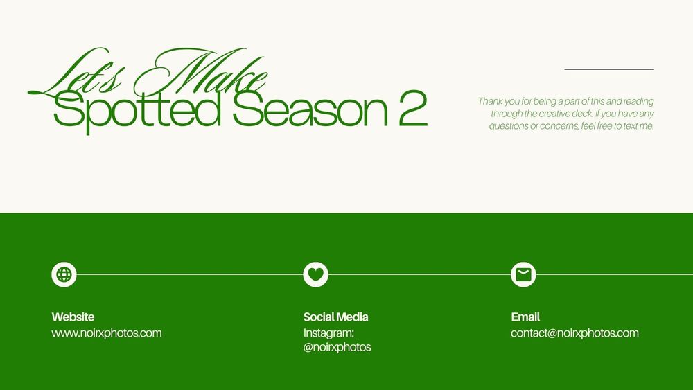 Green and white promotional slide for Lets Make Spotted Season 2 photography project with website and contact details.