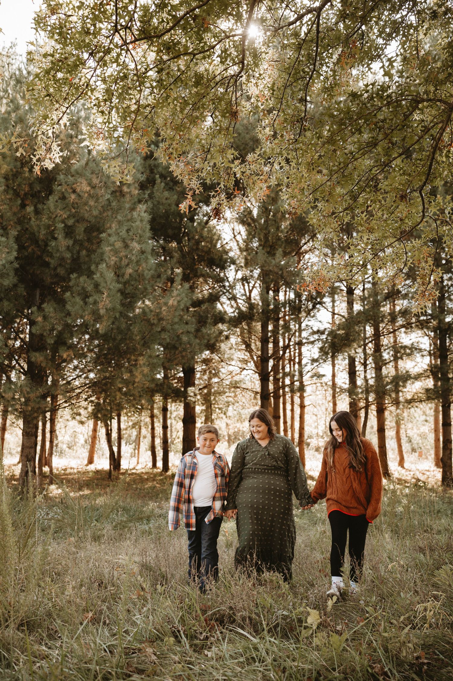 Family walking together through a pine forest at golden hour.