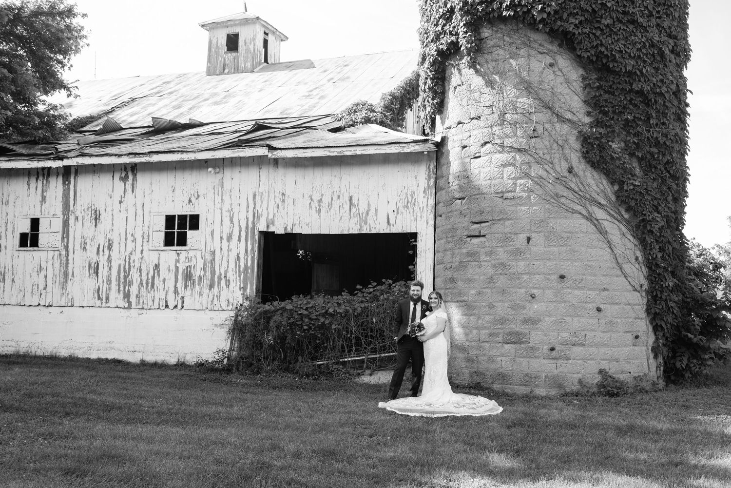 Rustic old white barns and outbuildings with ivy covered walls in black and white.