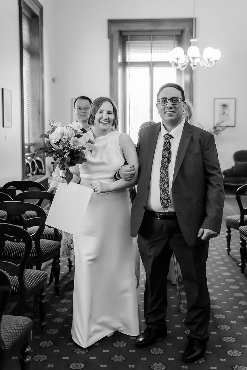 Wedding day sequence showing joyful reactions in an elegant indoor venue with classic decor.