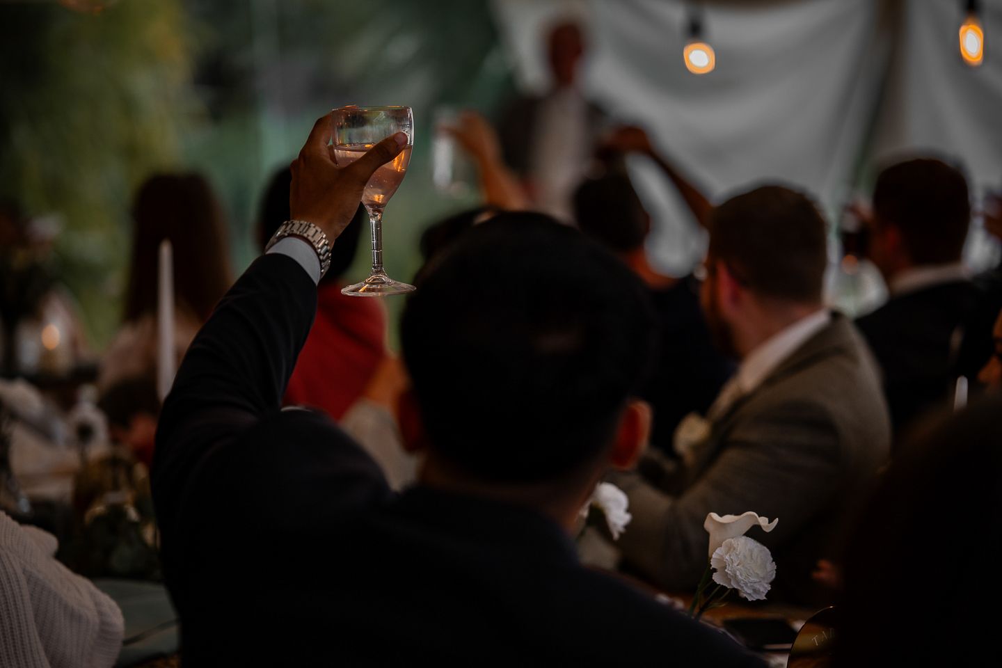 Guests give Cheers to the bride and groom after a speech by Poole, Bournemouth and Dorset wedding photographer "kris the photographer"