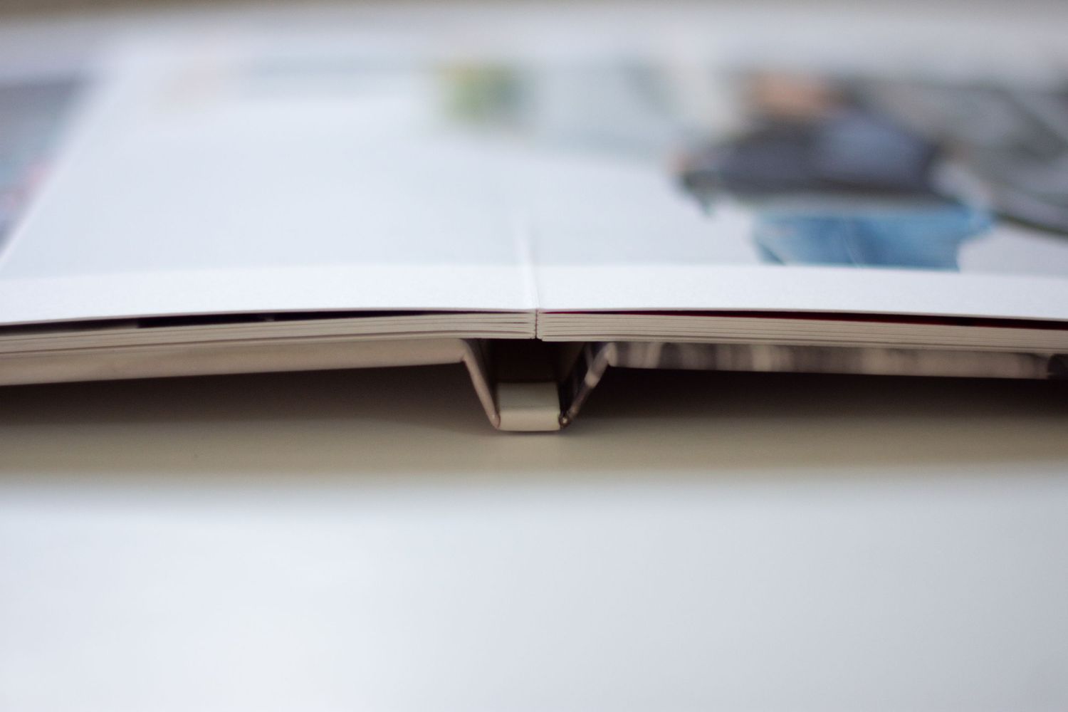 Close-up view of photo album pages with professional photography layouts.